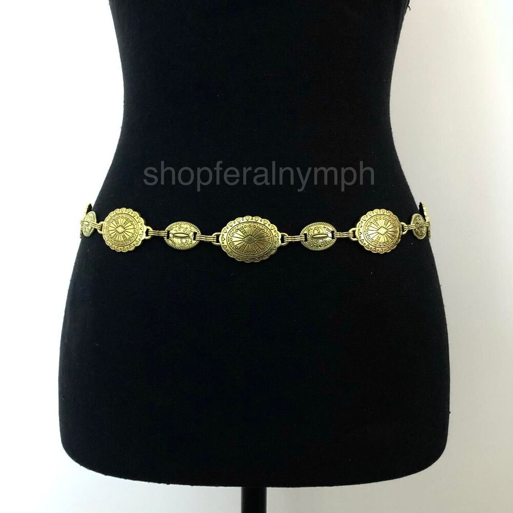 Vintage Y2K Boho Gold Medallion Chain Belt, Fits 22.5–38 Inches, X7GA1199